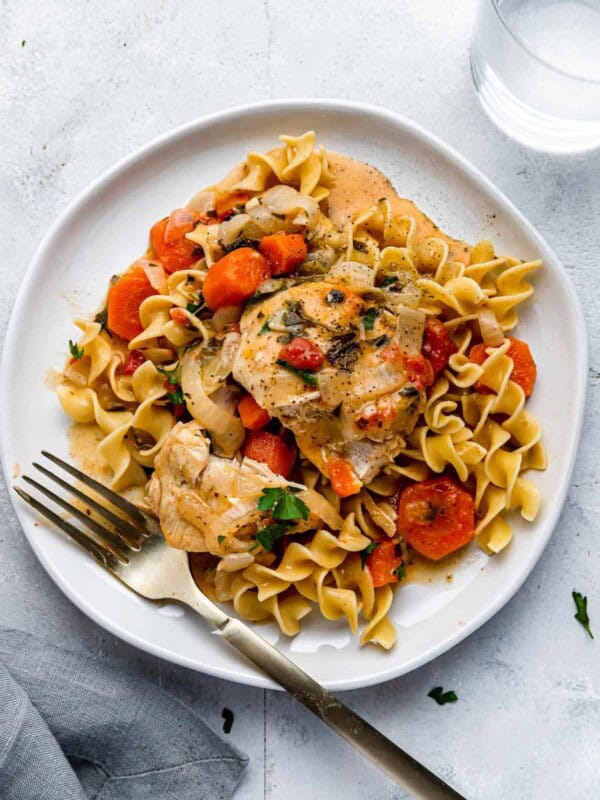 Chicken Paprikash on a Plate Over Pasta with a Gold Fork