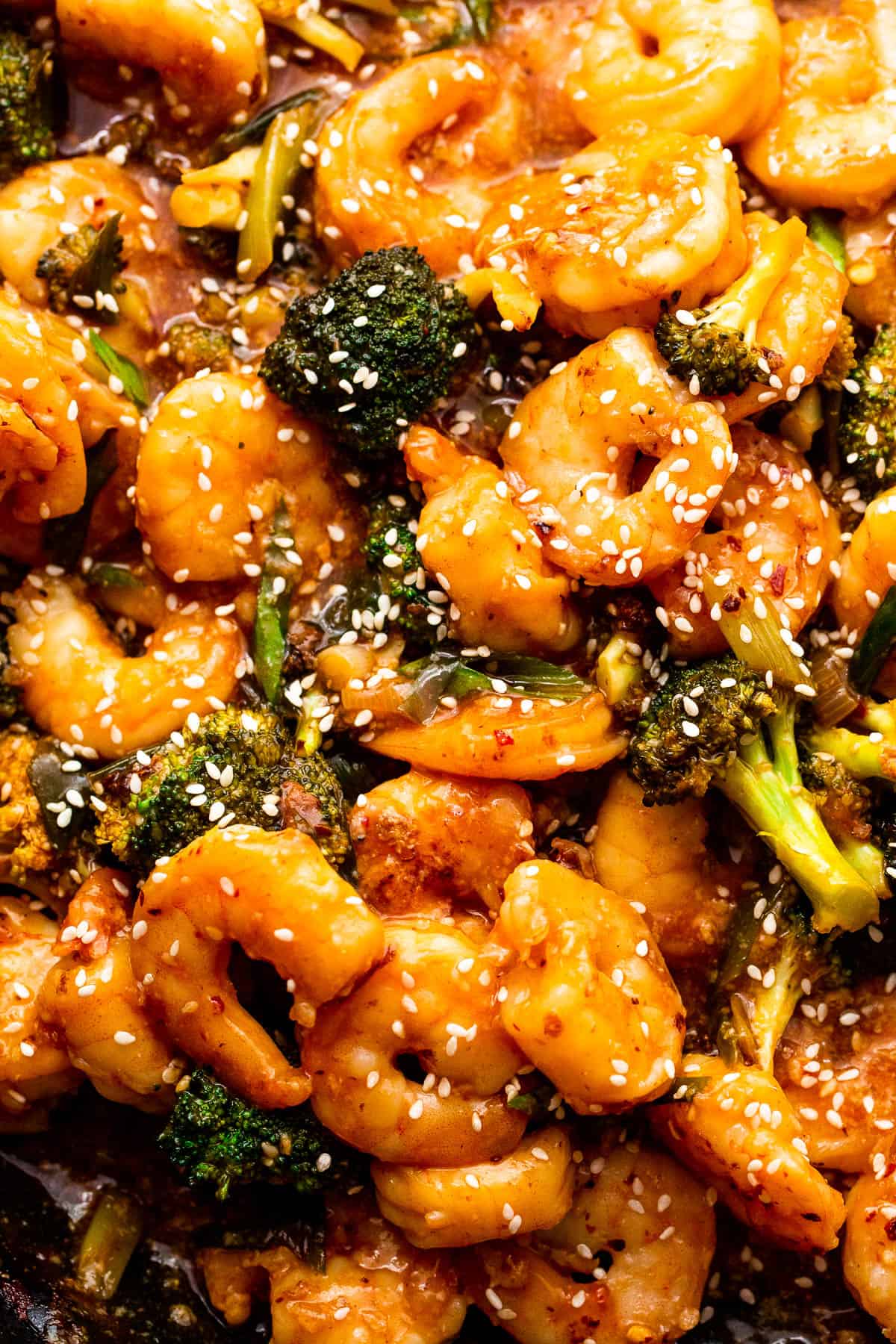 Close-up photo of cooked shrimp and broccoli garnished with sesame seeds.