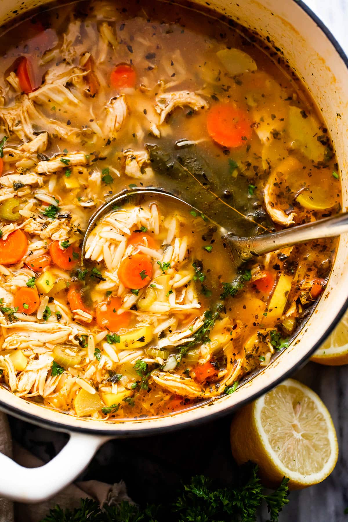 A Dutch oven filled with Chicken soup and orzo.
