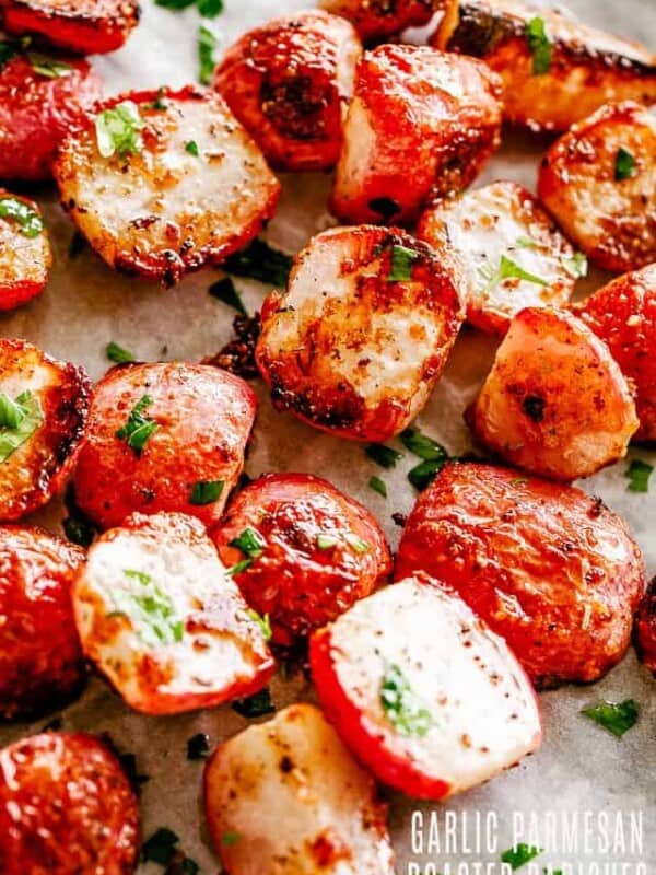 up close shot of halved roasted radishes