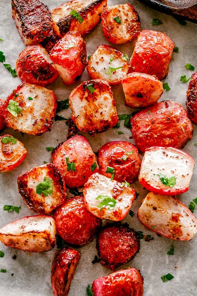 overhead shot of roasted radishes 