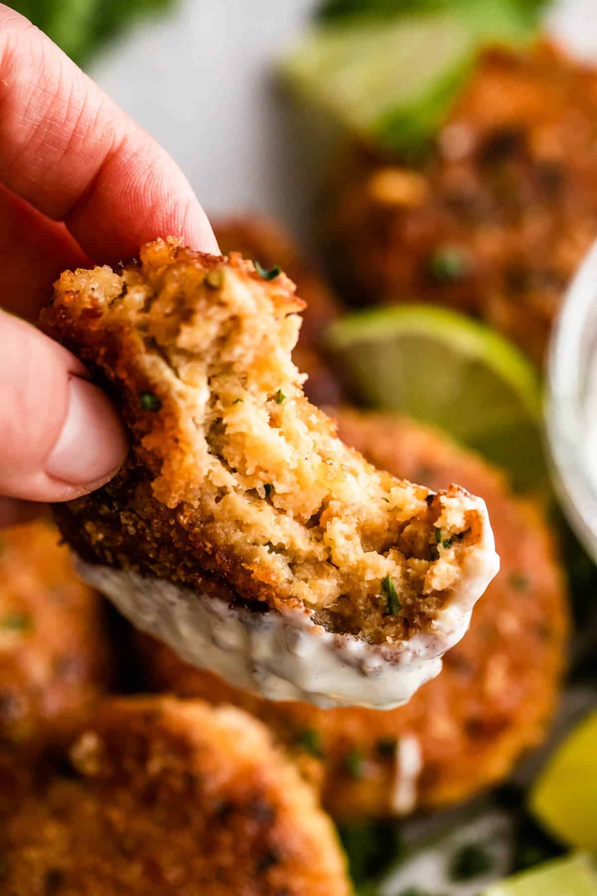 hand holding up a bitten into fish cake