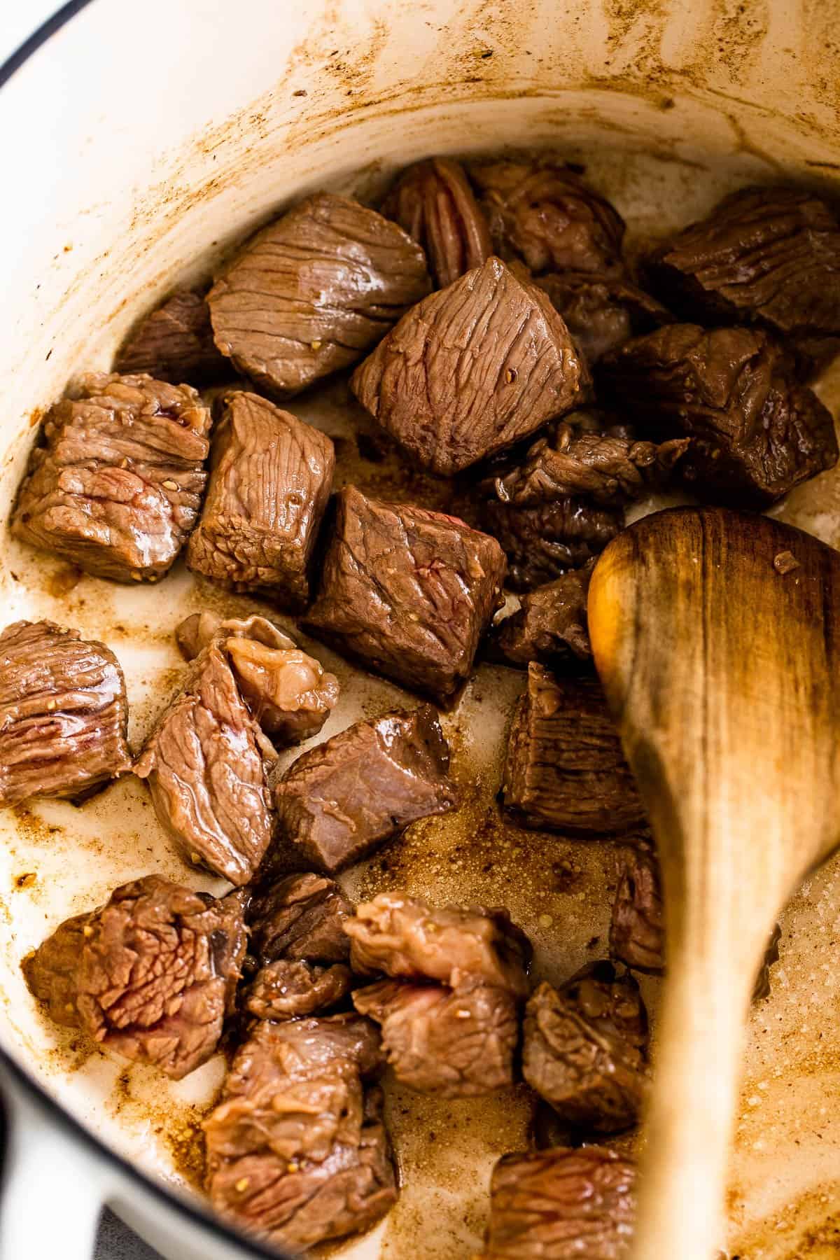 sauteeing cubed beef for stew