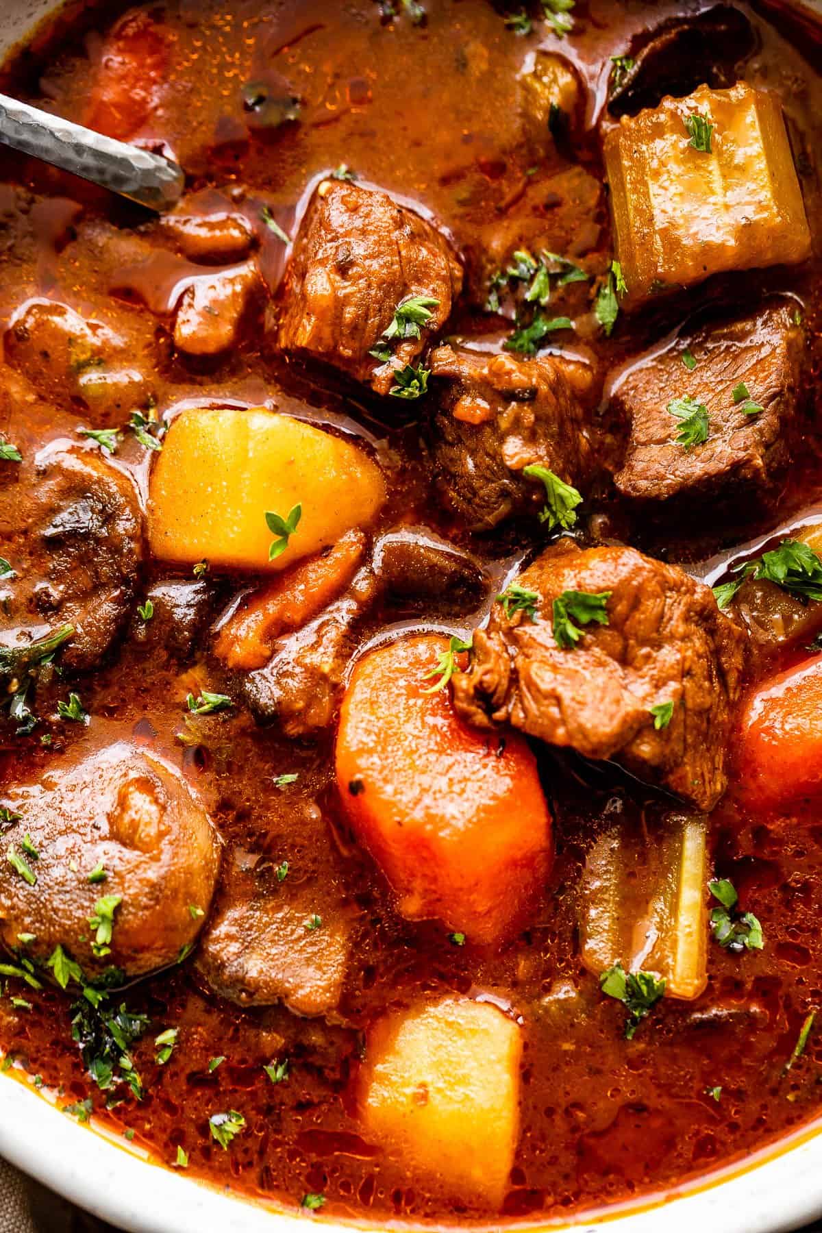 close up shot of guinness beef stew in a bowl.