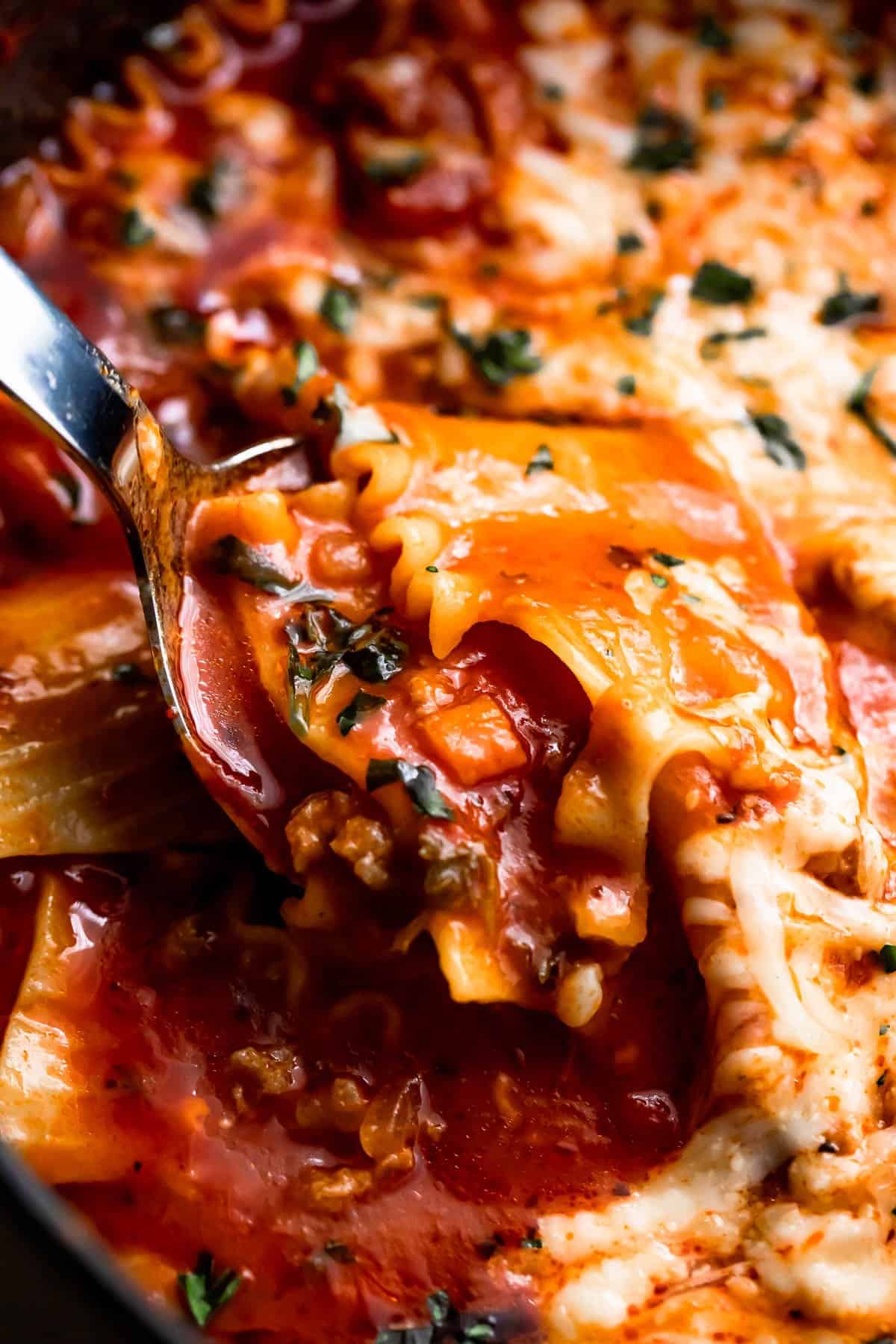 up close shot of a ladle spooning out lasagna soup