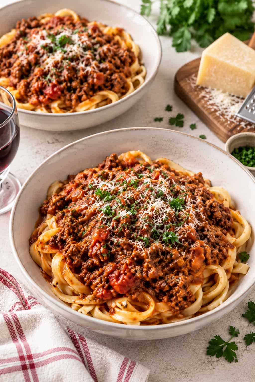 This easy Bolognese sauce recipe is made with ground beef, tomatoes, garlic, and fresh herbs, then simmered until rich and thick. Ready in about an hour! Two bowls of tagliatelle pasta topped with homemade bolognese sauce.