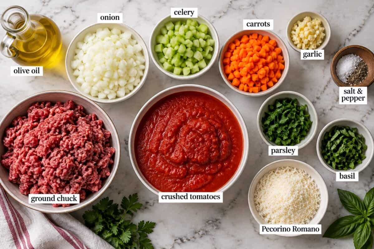 Ingredients for homemade Bolognese sauce, including ground beef, crushed tomatoes, onion, carrots, celery, garlic, fresh herbs, and Pecorino Romano.