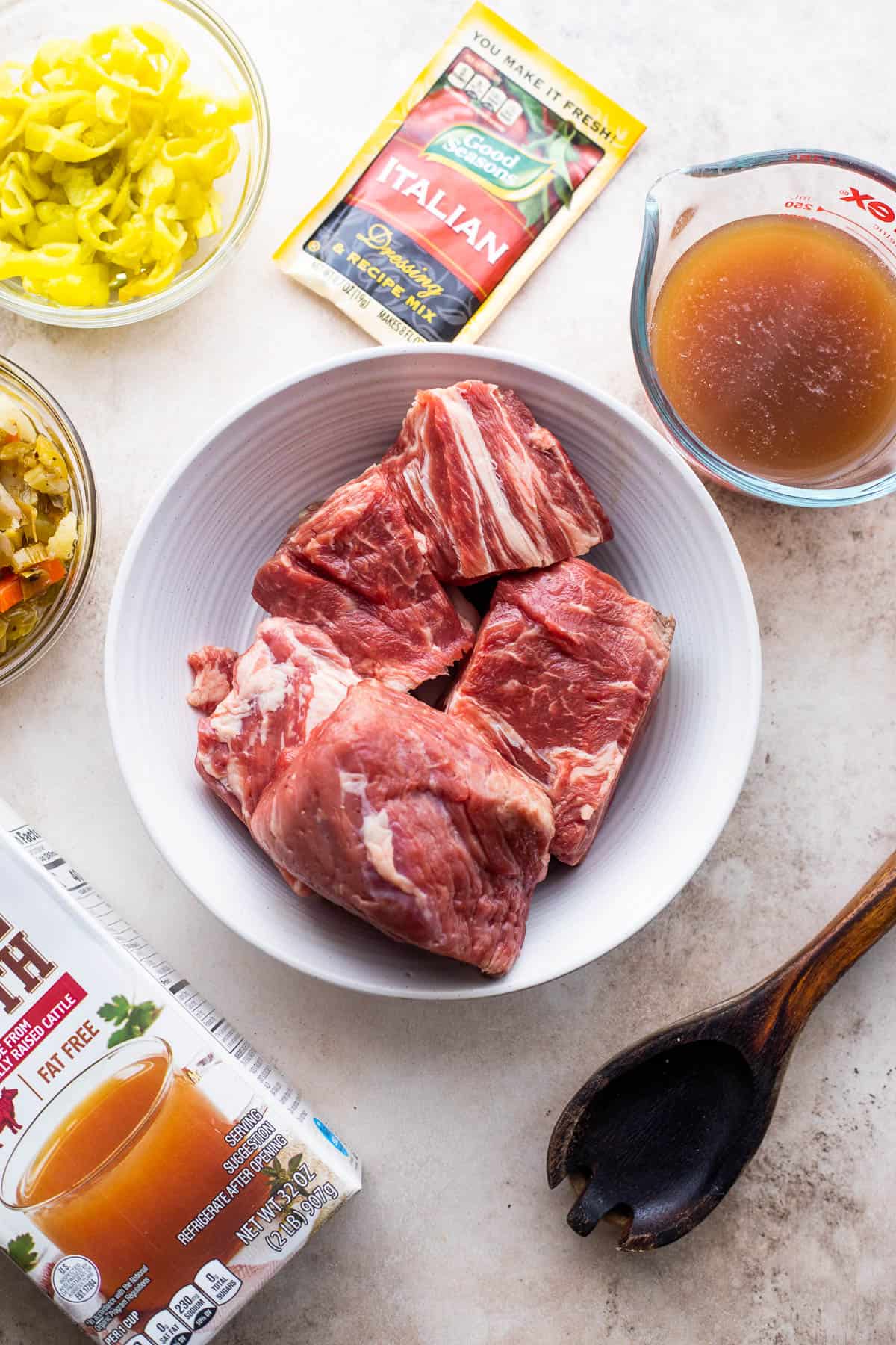 overhead shot of ingredients for Italian Beef.