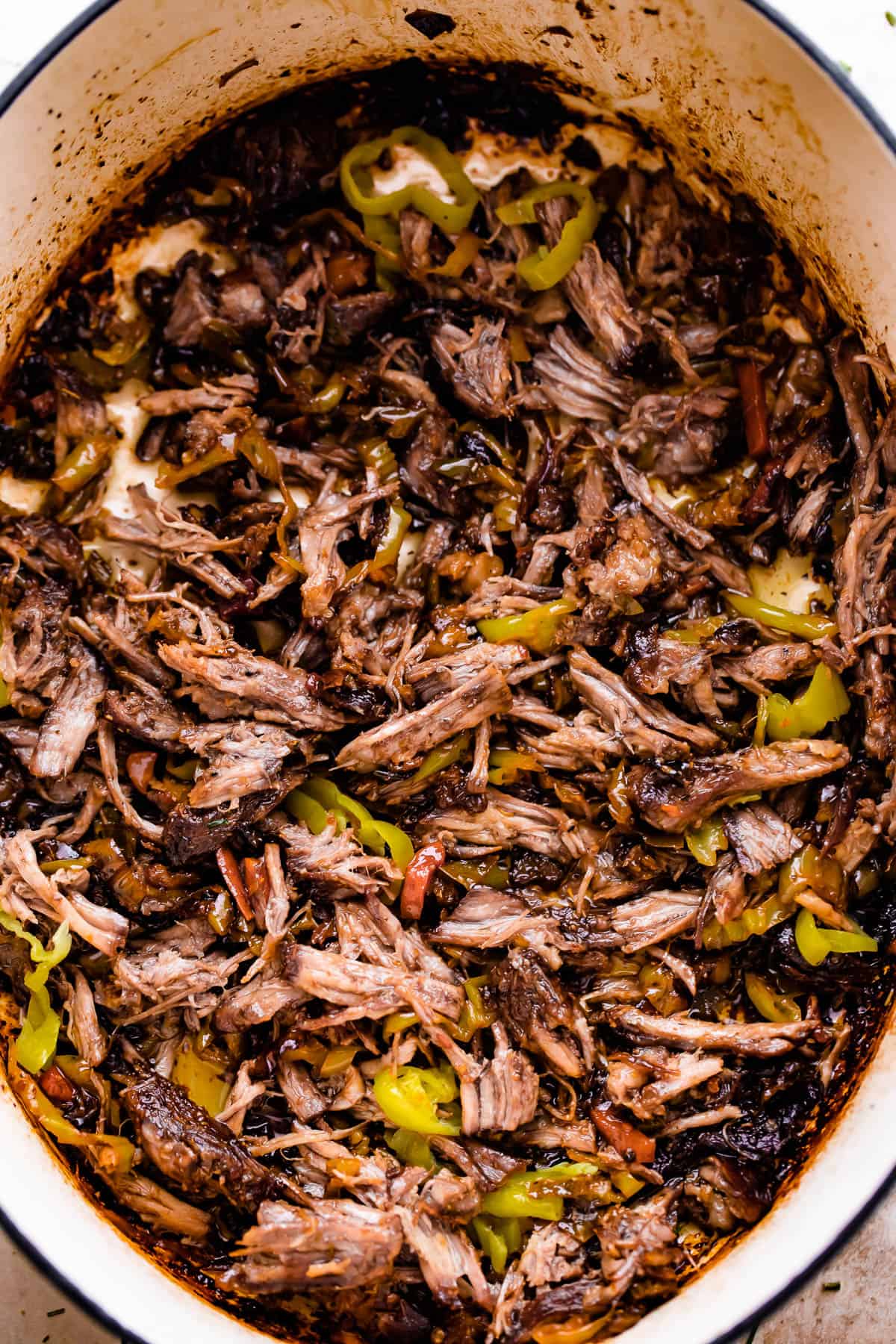 overhead shot of shredded slow cooker italian beef