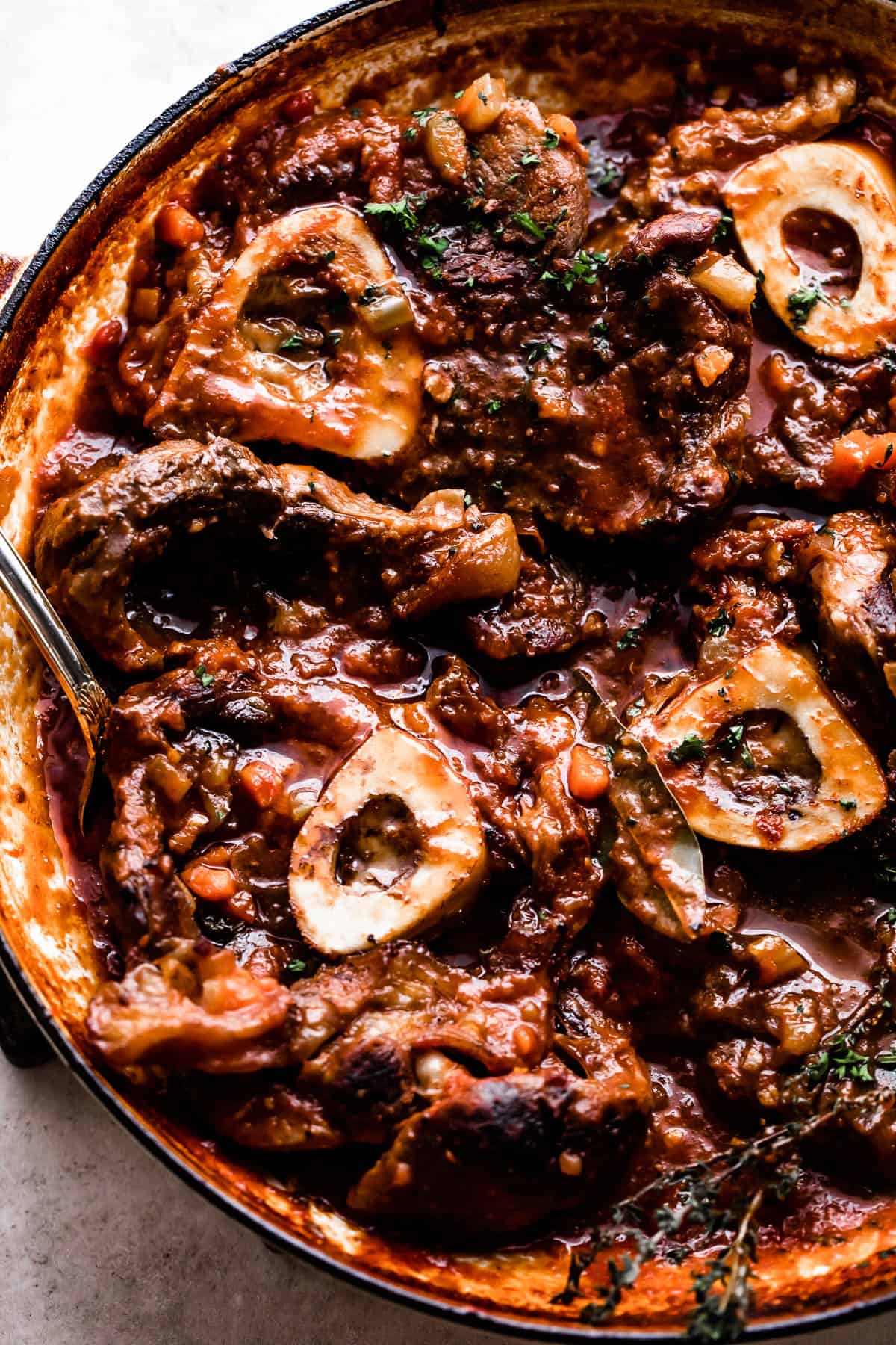 Overhead shot of cooked osso buco beef shanks