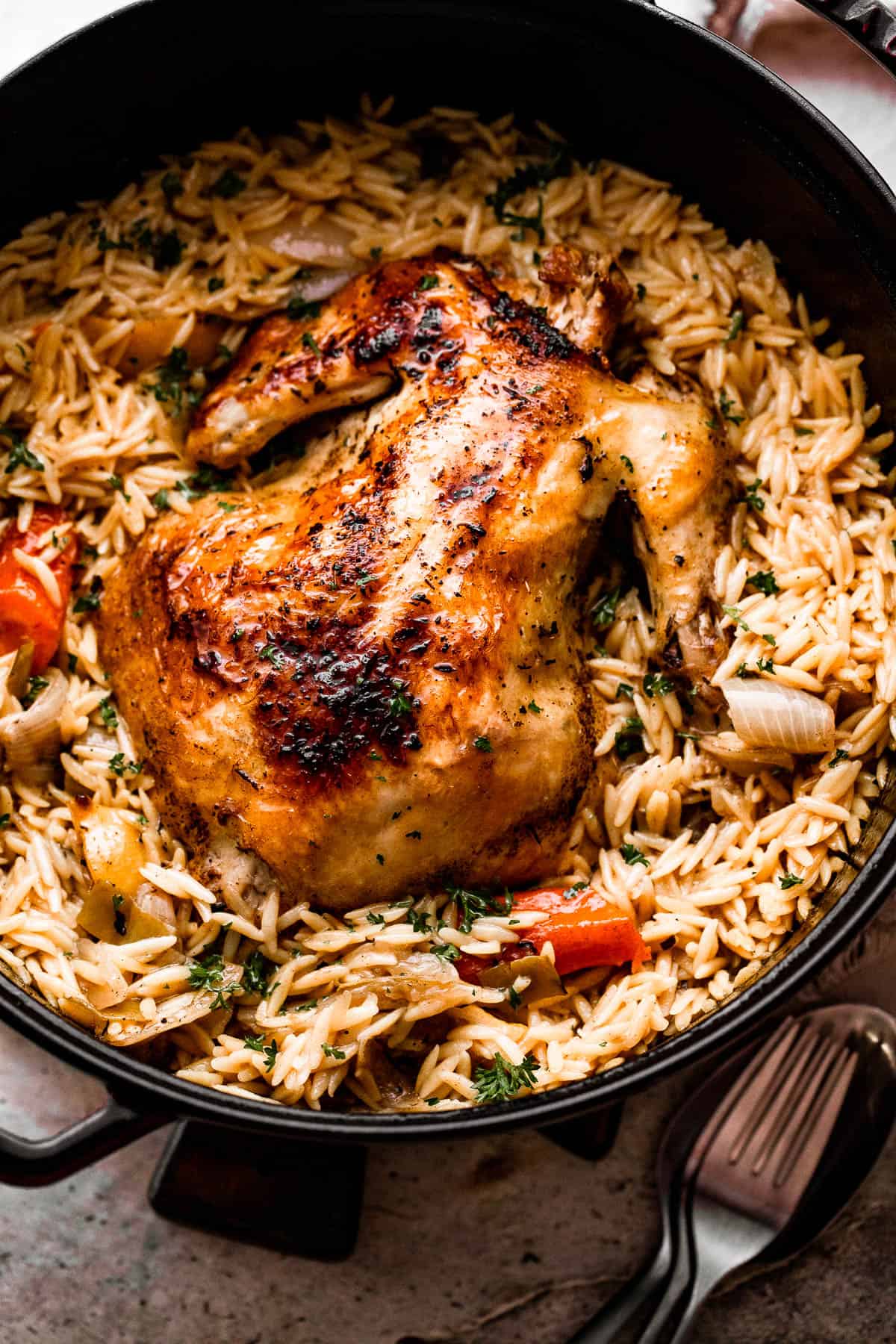 overhead shot of a dutch oven filled with orzo, vegetables, and a whole roast chicken on top.