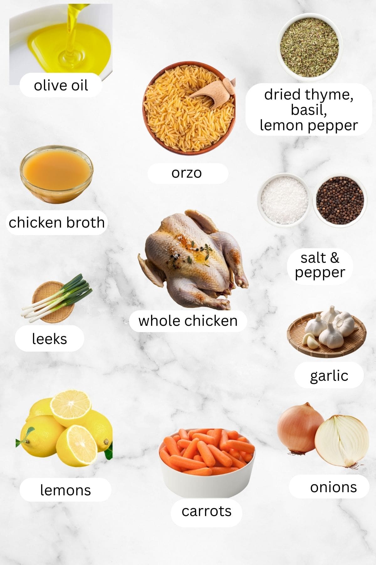 Golden, tender chicken with lemon-pepper seasoning and orzo that cooks right in the pot. This is a cozy and delicious one-pot chicken dinner. Overhead photo of the ingredients needed to make a whole chicken in a pot with orzo.