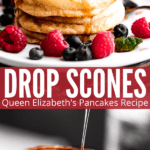 two picture collage pinterest image of drop scones.