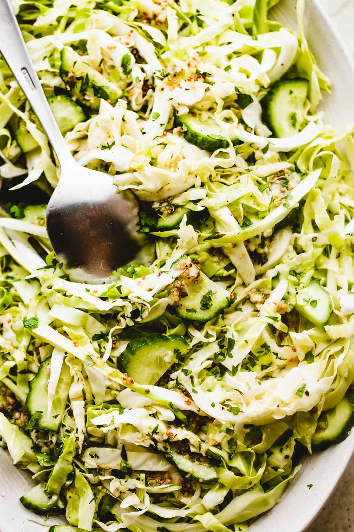 up close shot of Cabbage Cucumber Salad served on an oblong serving plate with a large fork and spoon placed in the center of the salad.