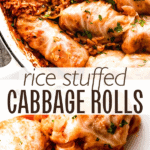 Macedonian Cabbage Rolls two picture collage pinterest image in text overlay in the center of the collage.