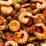 Sheet pan shrimp boil Pinterest image.