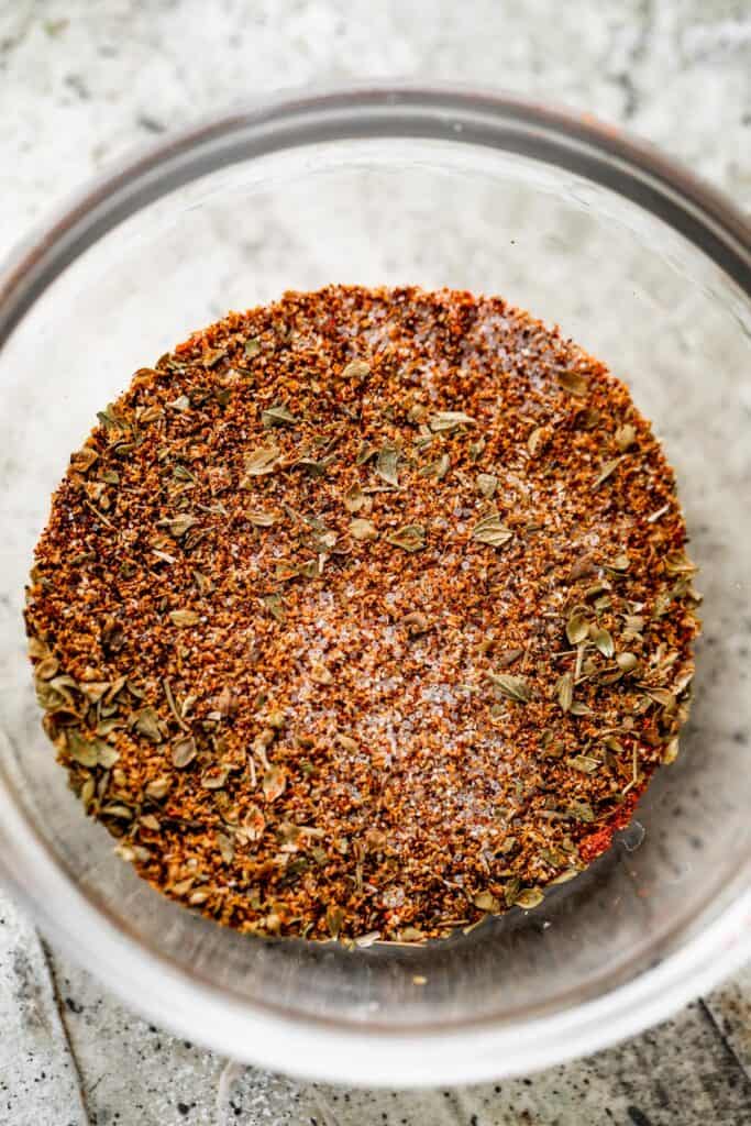 glass bowl with a seasoning rub for beef machaca.