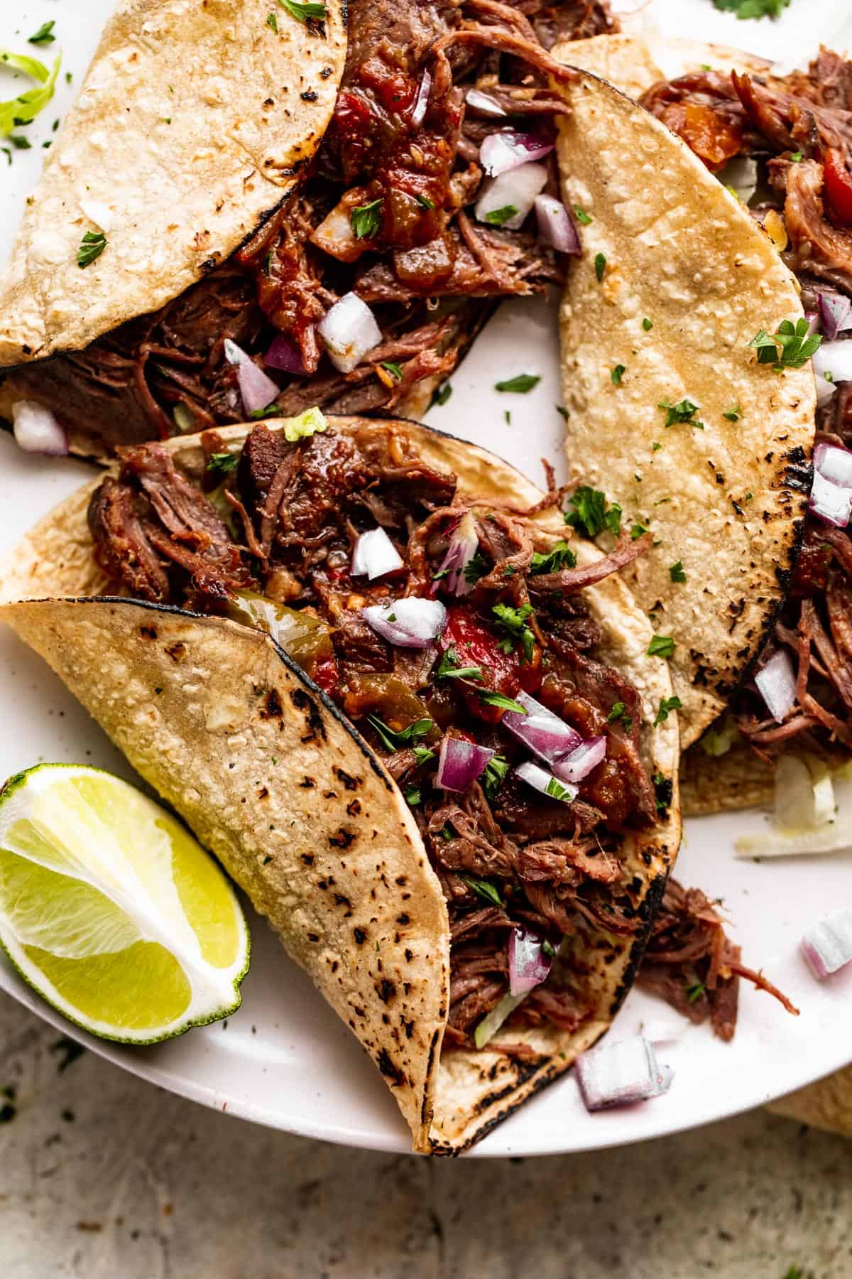 Slow Cooker Beef Machaca Tacos arranged on a white plate.
