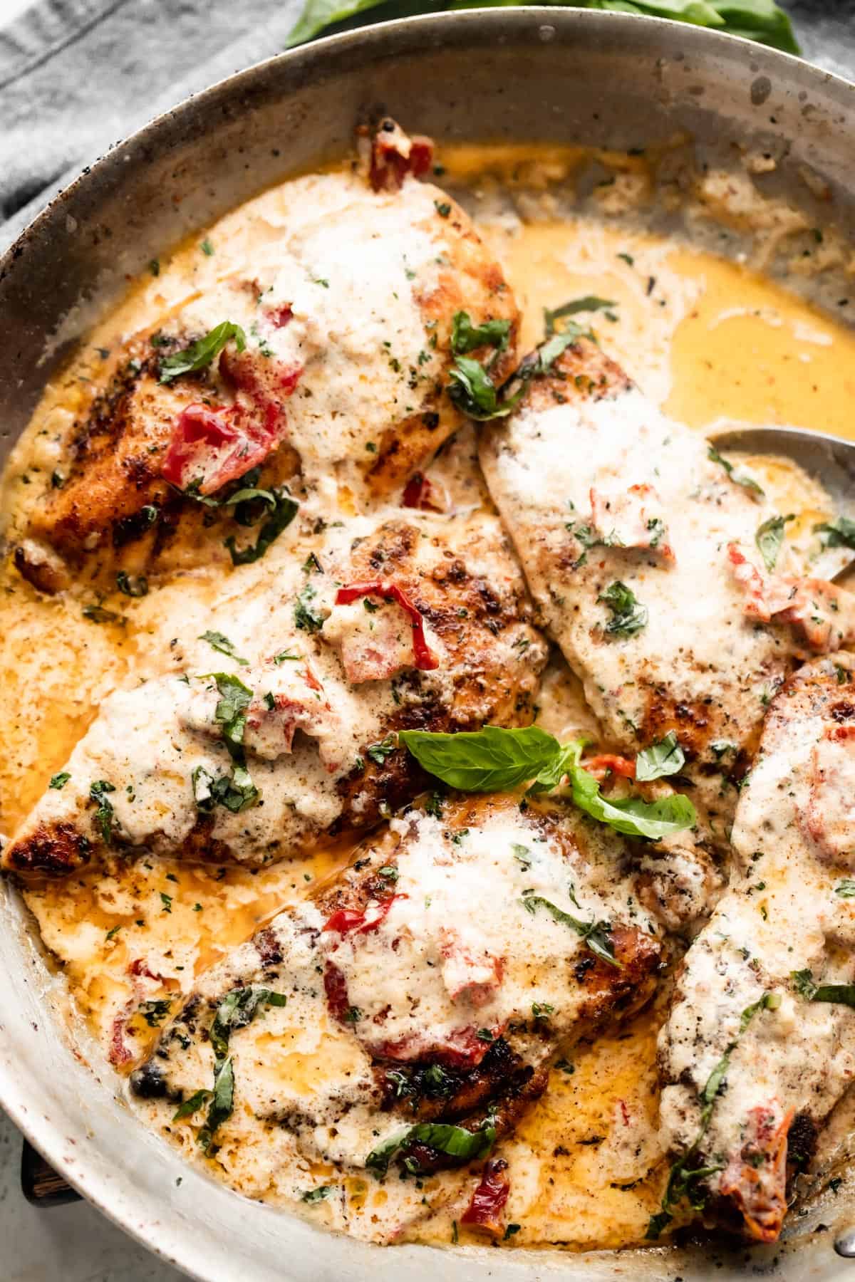 Chicken cutlets in a creamy sauce with sundried tomatoes cooking in a skillet.