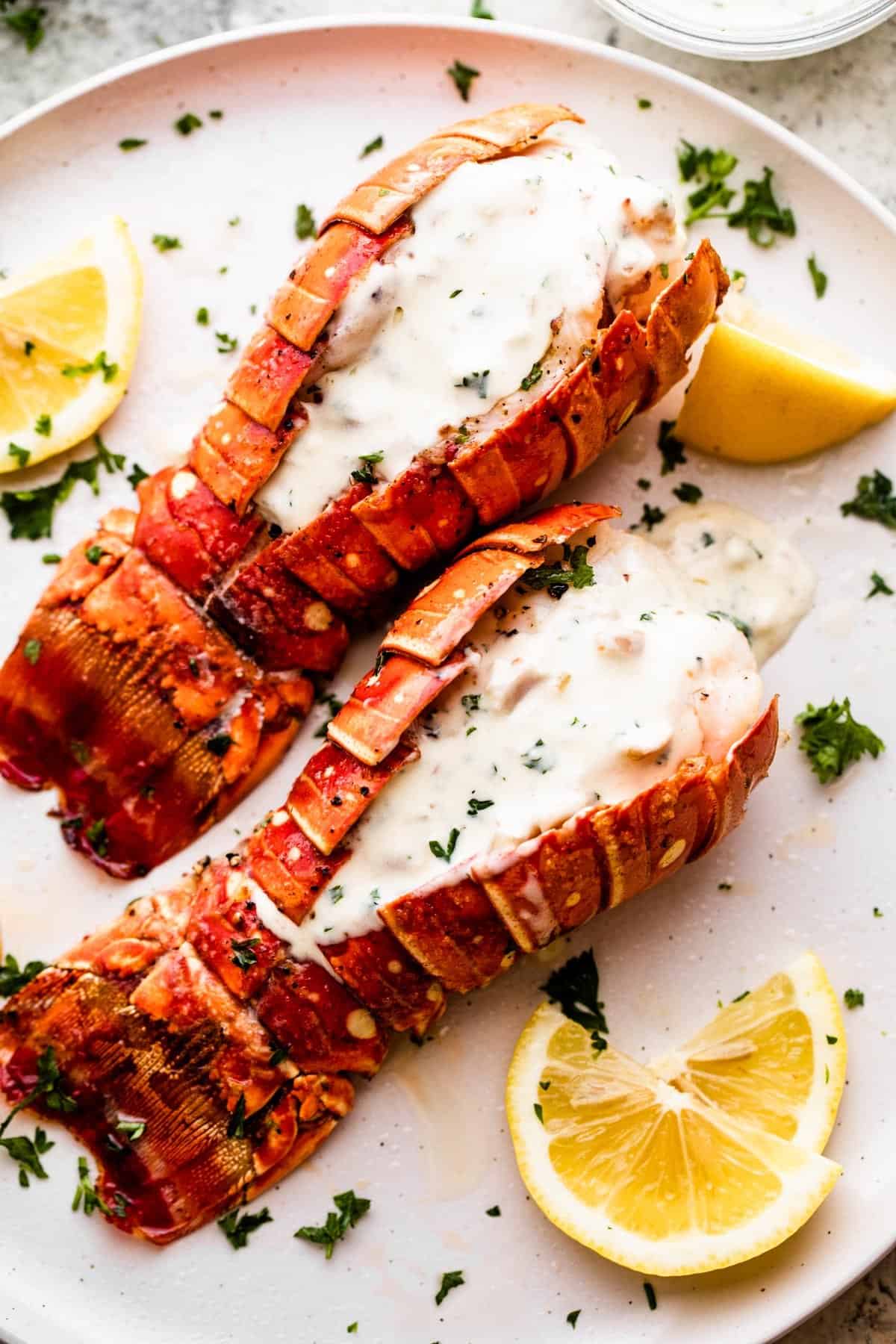 two air fryer cooked lobsters arranged on a dinner plate and topped with cream sauce.