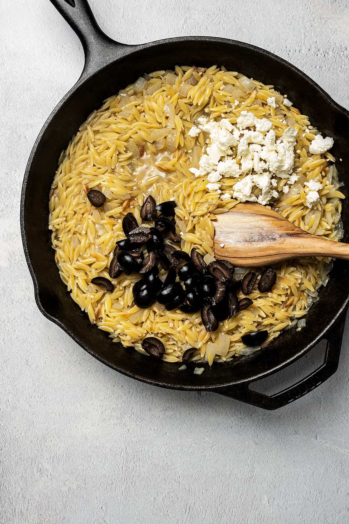 Orzo with black olives and feta.