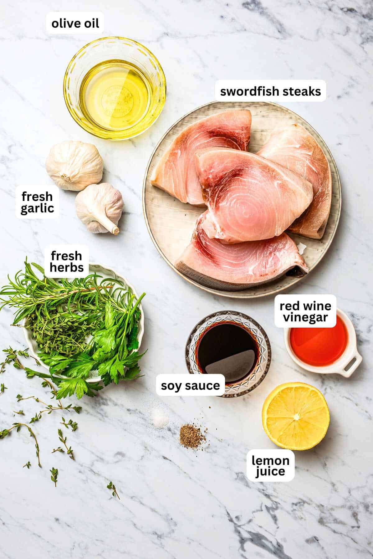 Overhead photo of all the ingredients used to make Diethood's grilled swordfish recipe.