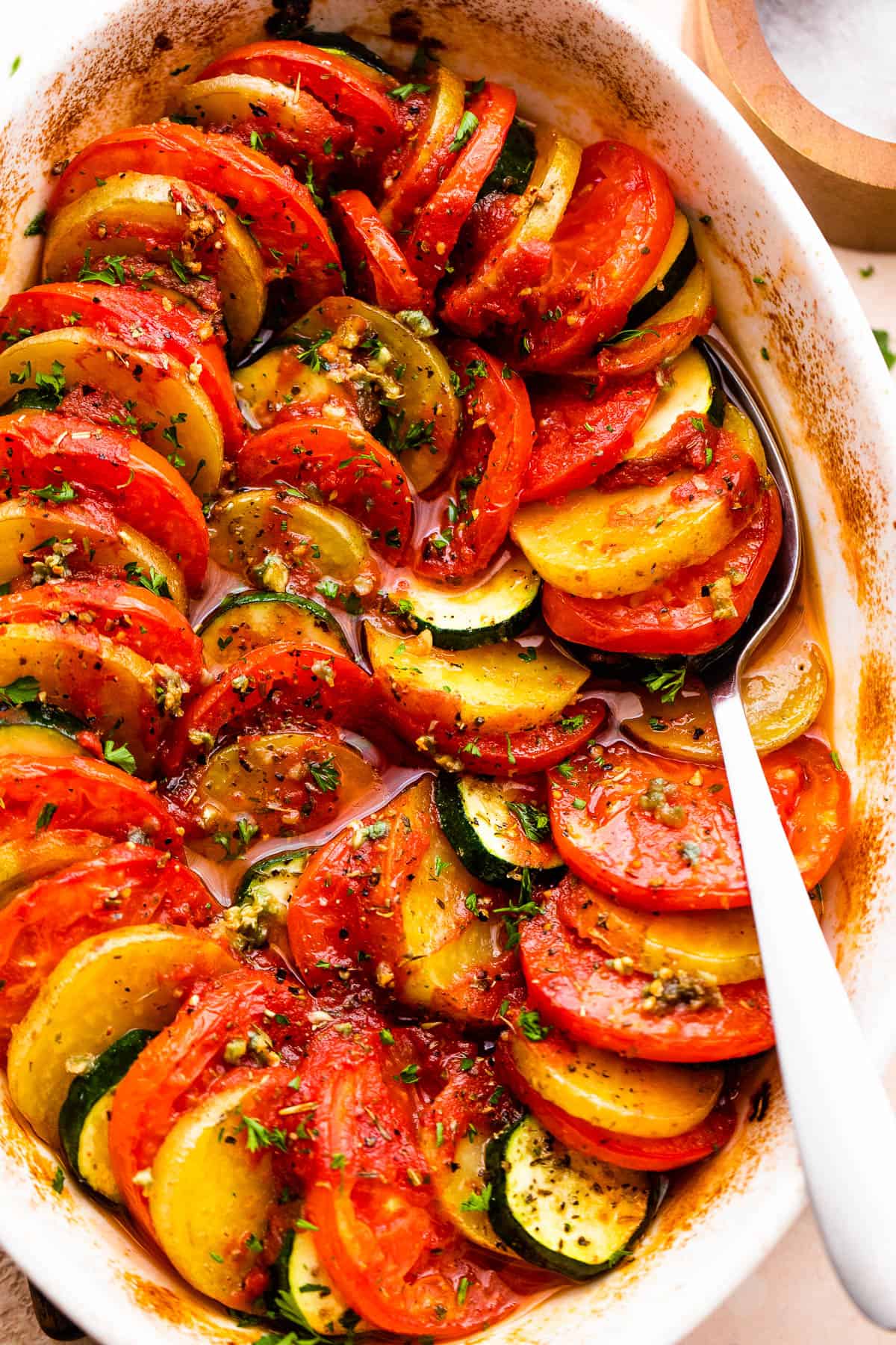 zucchini tomato gratin in a baking dish.