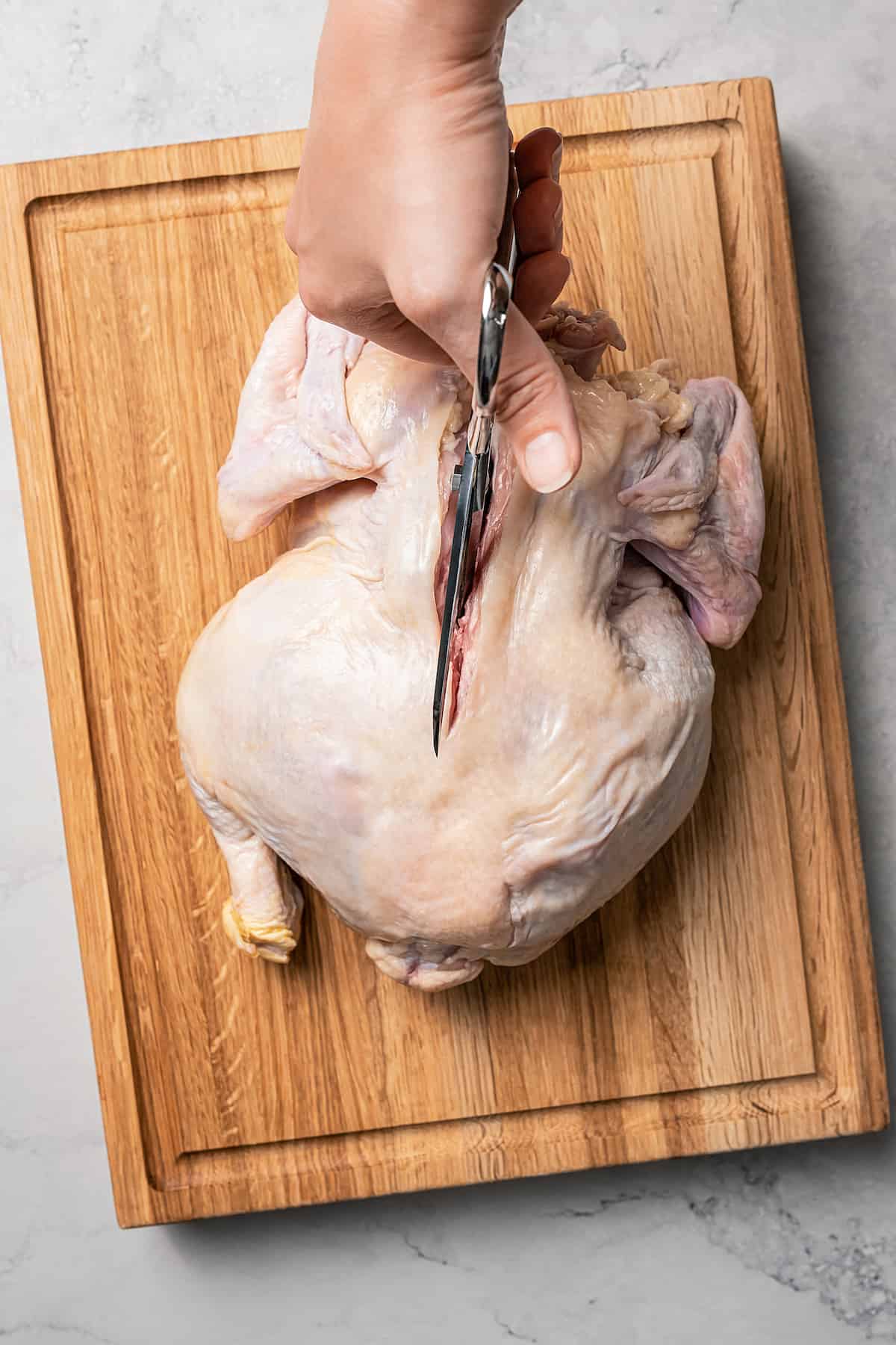 Removing the backbone from a raw, whole chicken.