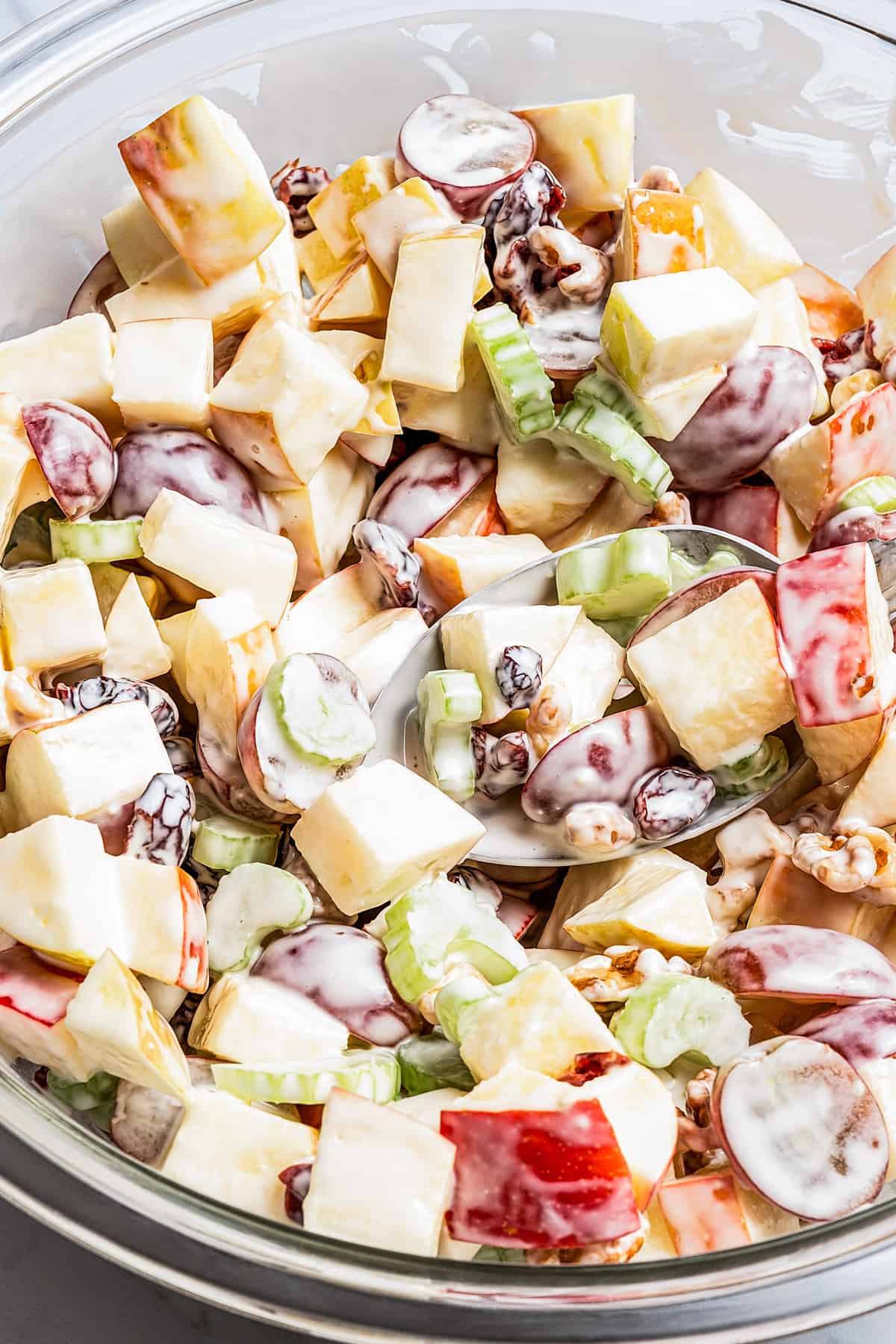 A traditional Christmas fruit salad with creamy mayonnaise dressing.