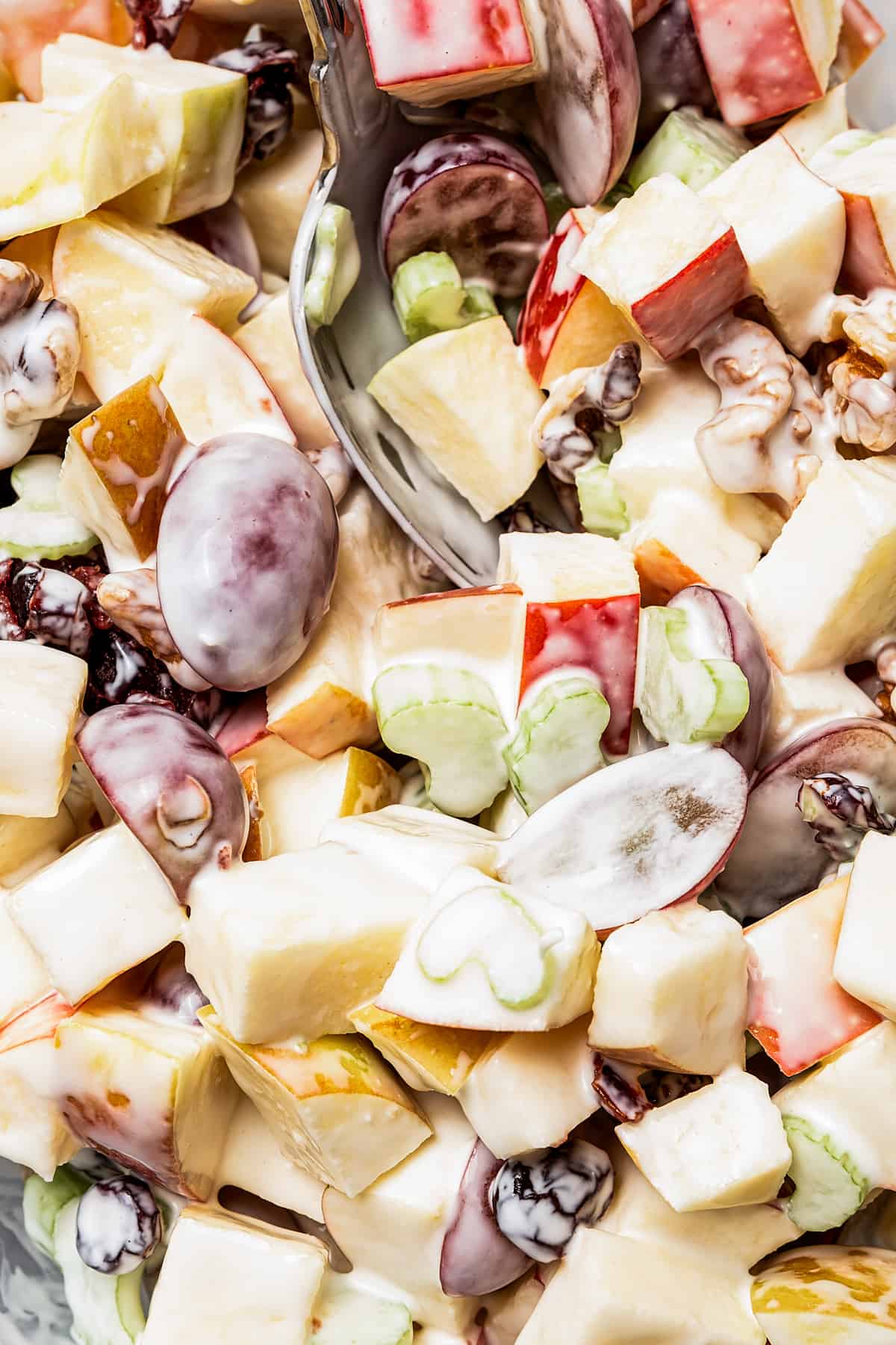 Close-up shot of Waldorf salad, showing the texture of the ingredients and dressing.
