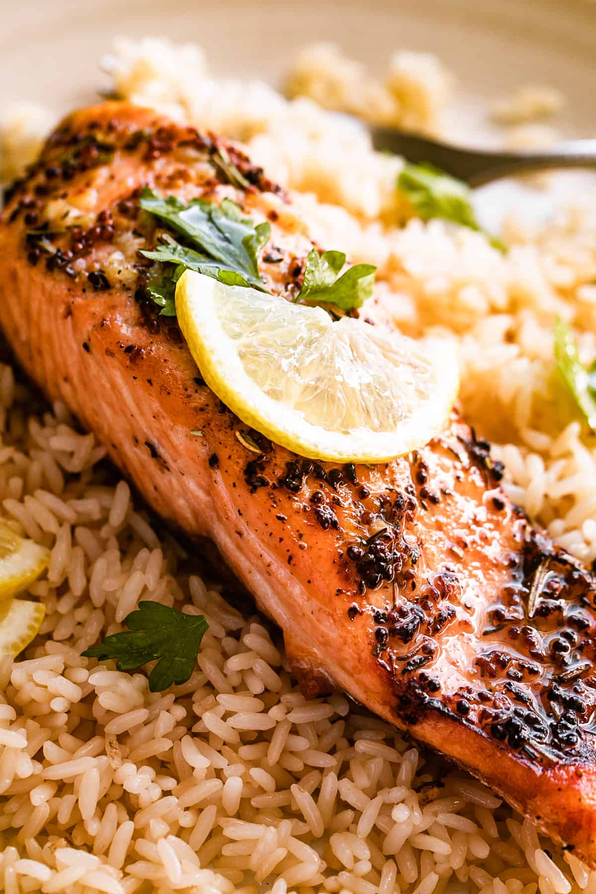 close up side shot of air fried salmon fillet set atop a bed of rice and topped with lemon slices.