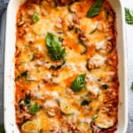 overhead shot of Beef Zucchini Casserole in a baking dish.