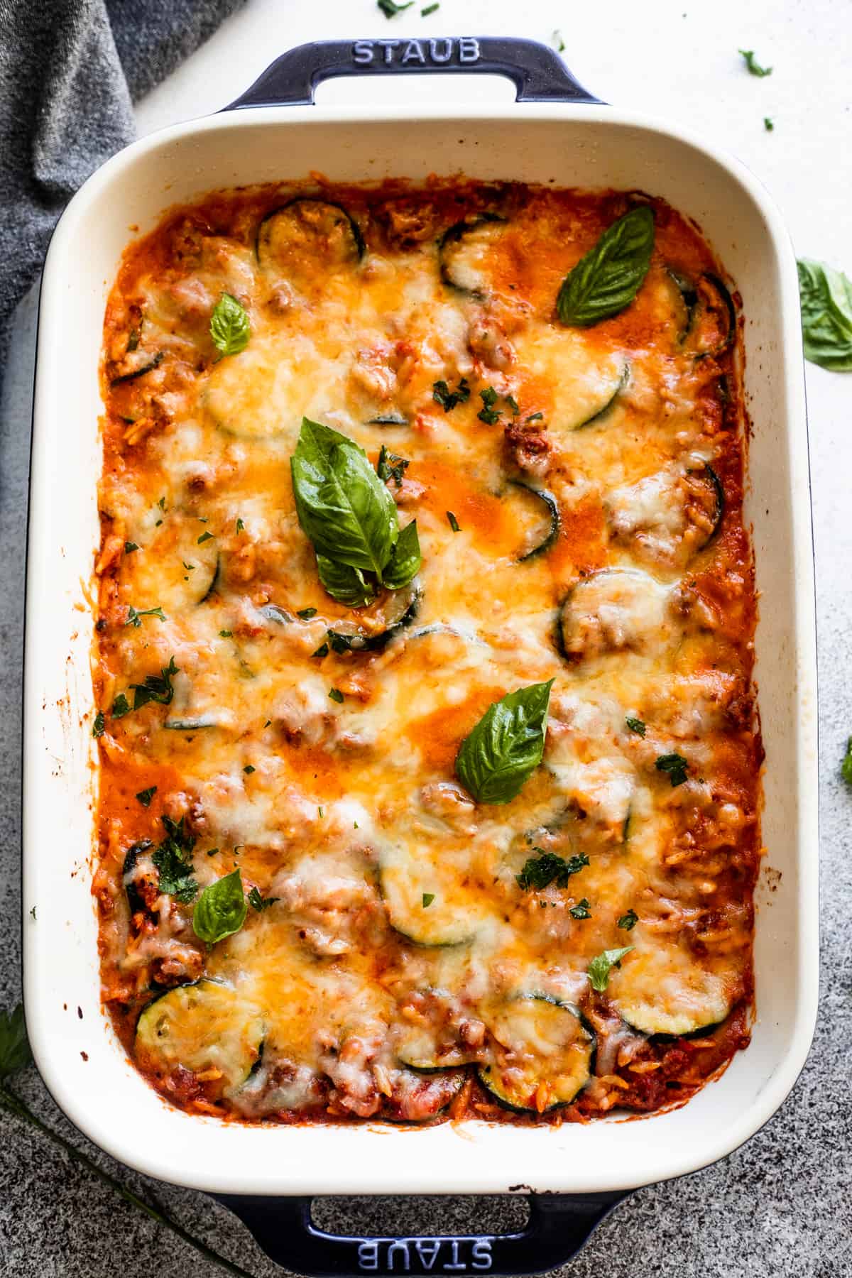 overhead shot of Beef Zucchini Casserole in a baking dish.