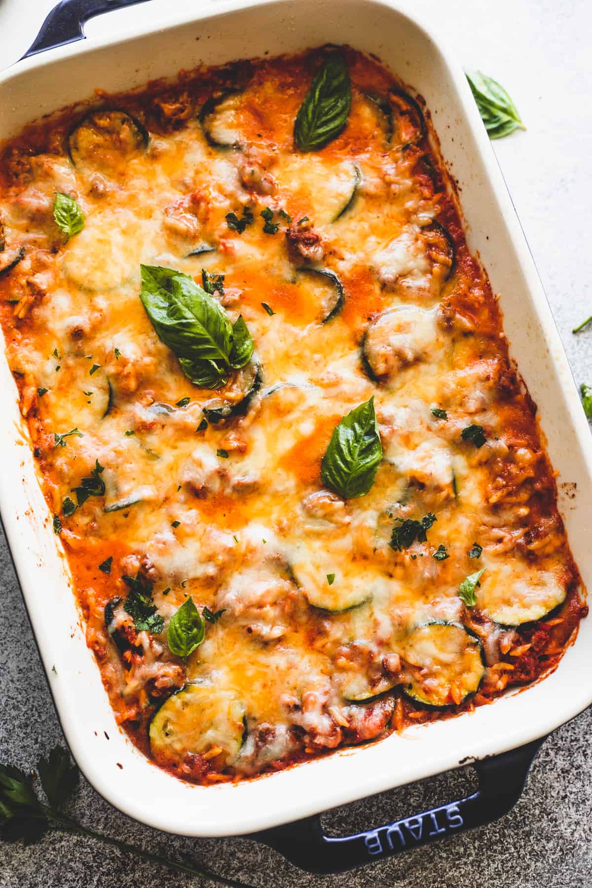 overhead shot of Beef Zucchini Casserole in a baking dish.