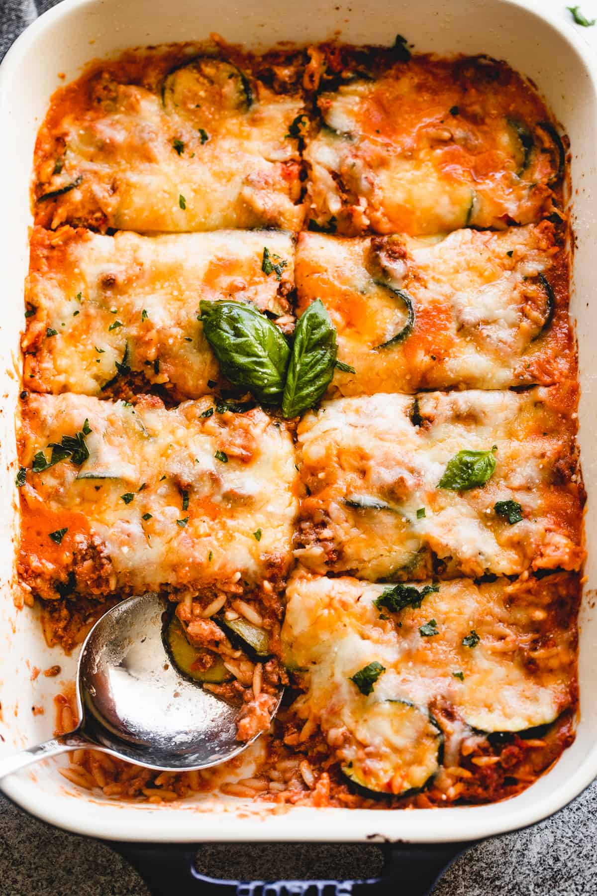 overhead shot of Beef Zucchini Casserole in a baking dish.