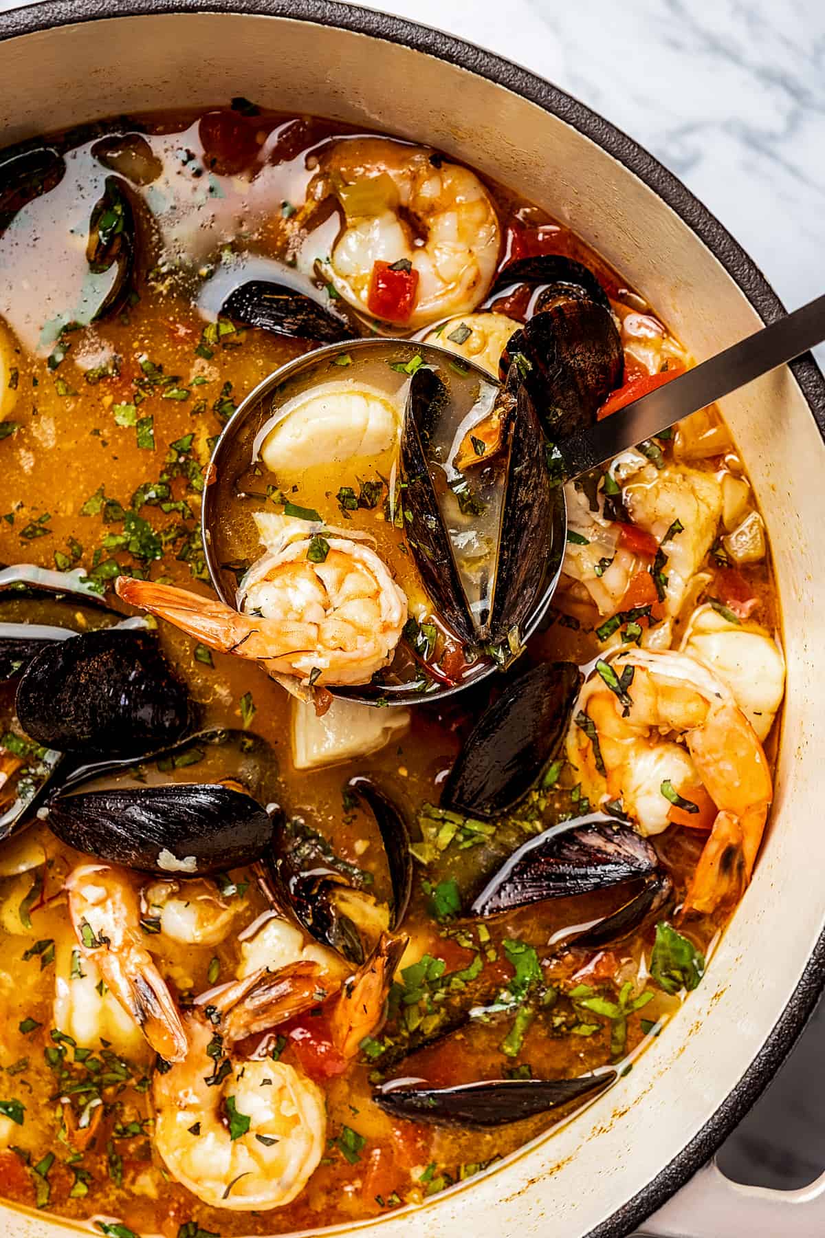 A ladle dipping up a portion of bouillabaisse from a pot.