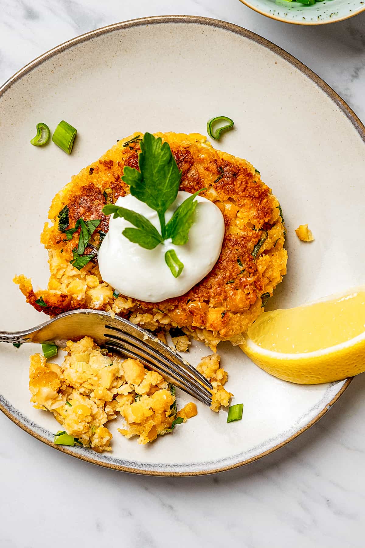 A vegetarian chickpea patty cut with a fork, to show the light, crumbly texture.