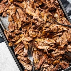Shredded pork on a tray.