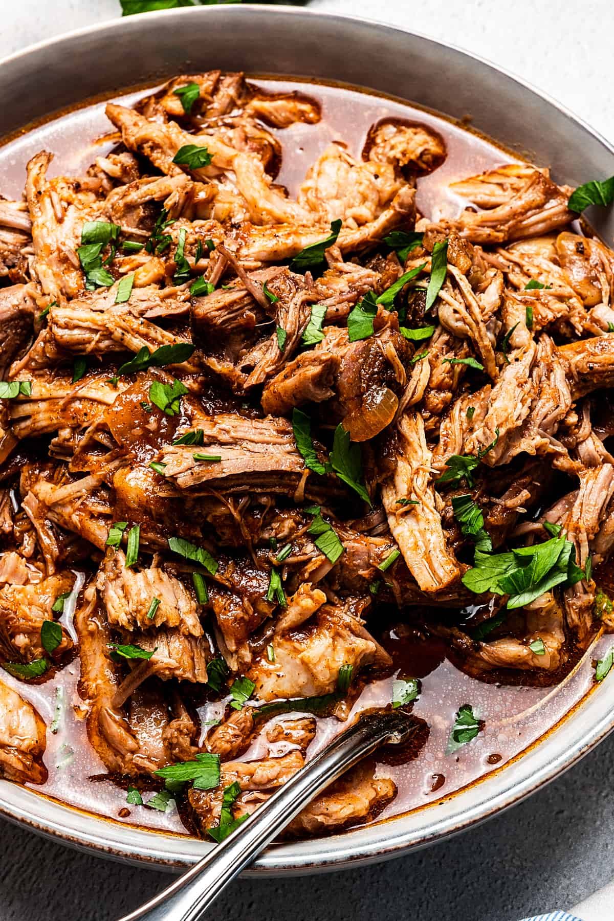 Pulled pork garnished with julienned herbs.