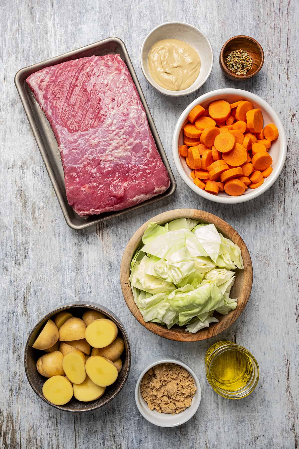 Corned beef ingredients, washed, prepped, and measured.