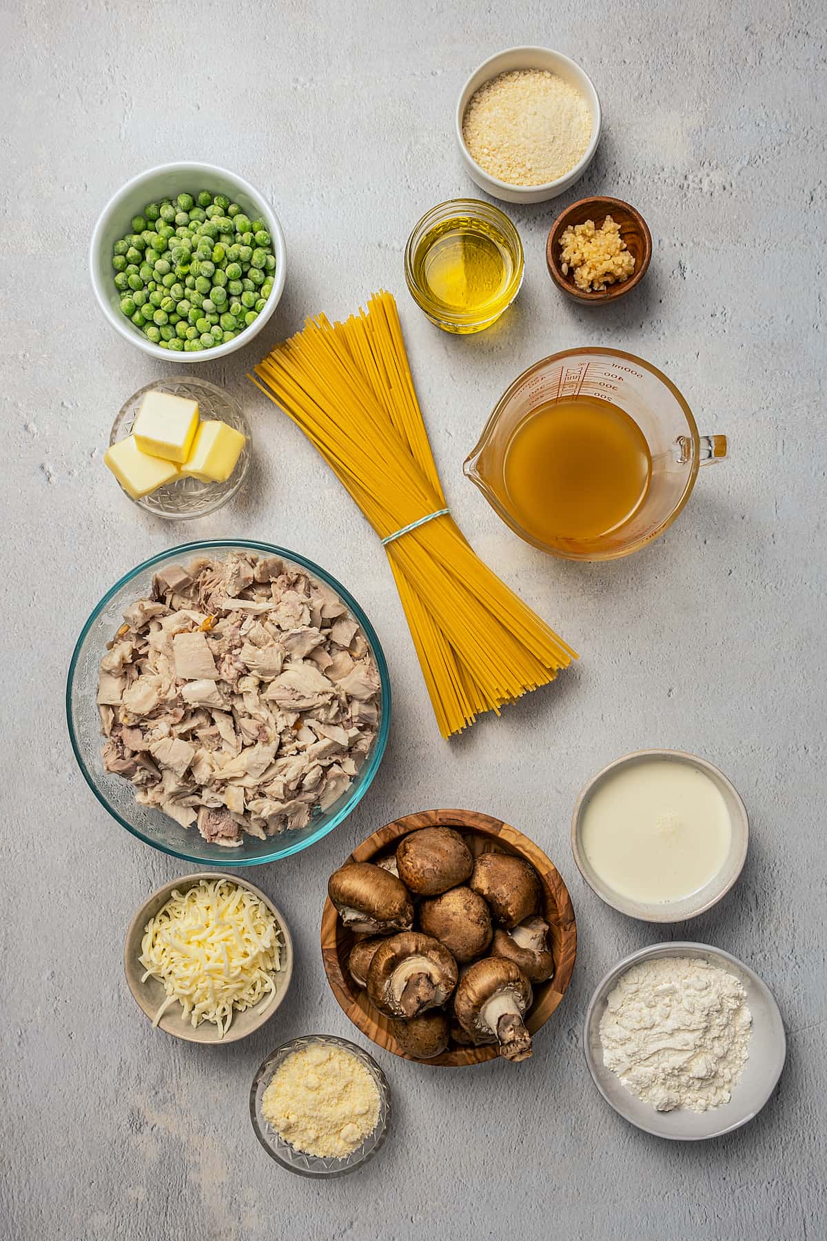 Turkey tetrazzini ingredients measured and ready to cook.