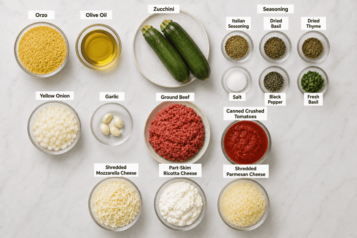 Overhead view of the ingredients for a beef zucchini casserole, including ground beef, zucchini, orzo, crushed tomatoes, onion, garlic, three cheeses, herbs, and seasonings.