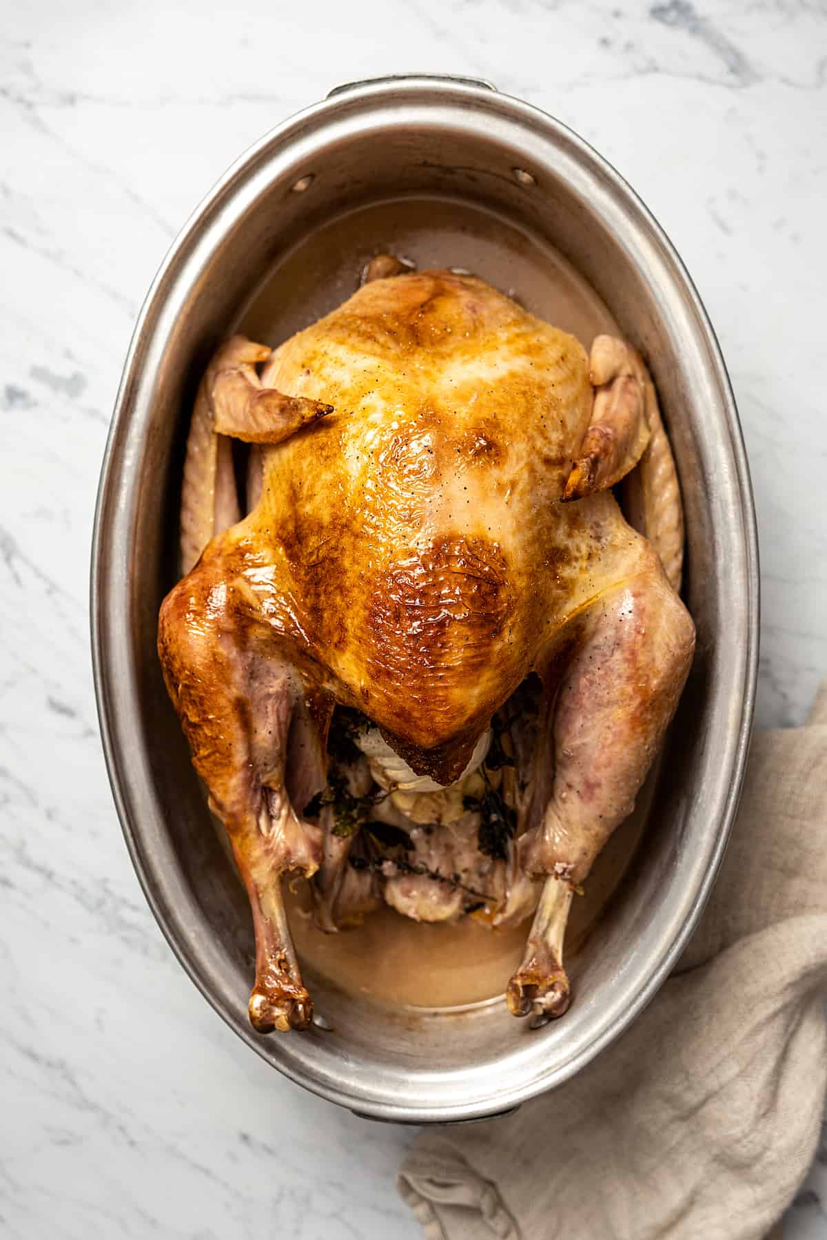 A whole roast turkey in a roasting pan.
