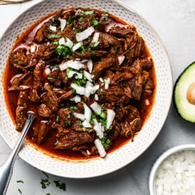 Beef birria in a serving dish with a spoon. Tortillas and garnishes are nearby on the table.