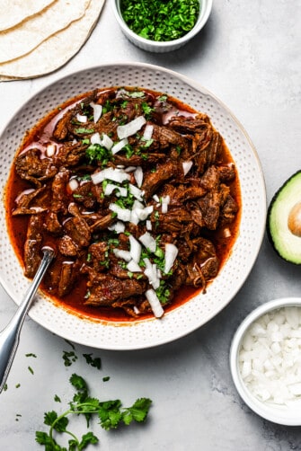 Beef birria in a serving dish with a spoon. Tortillas and garnishes are nearby on the table.