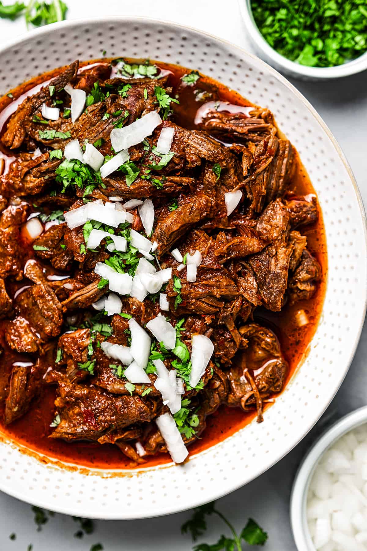 Beef birria in a white serving dish.