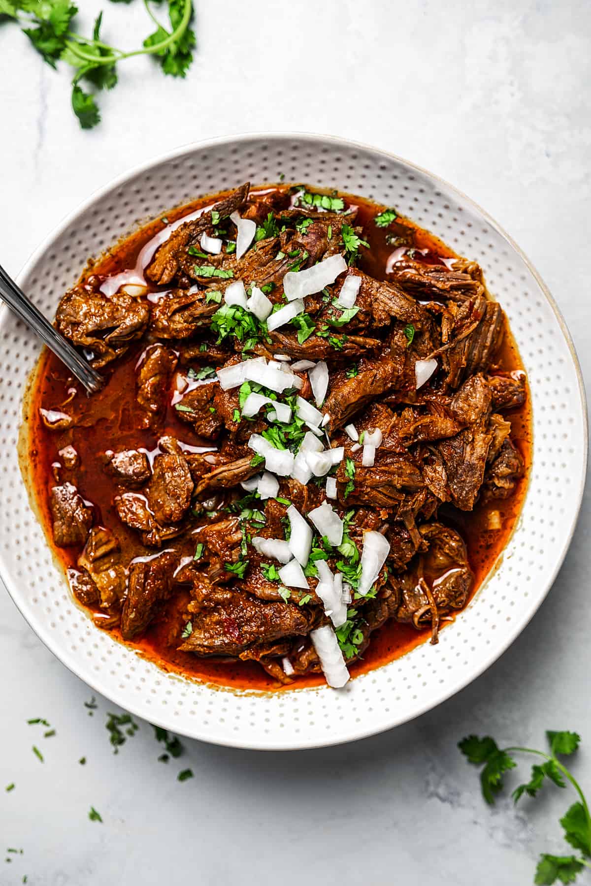 Mexican shredded beef in a white serving dish.