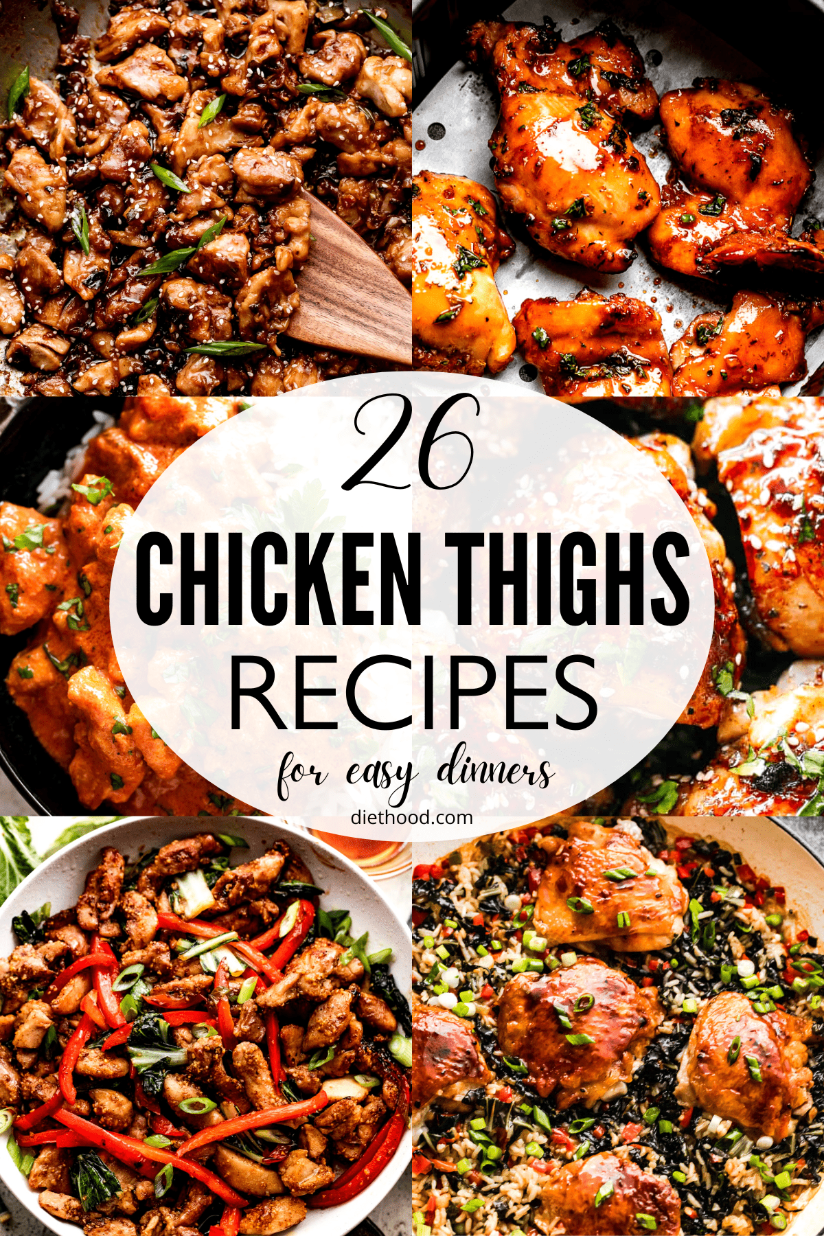 Collage con nueve imágenes del menú de resumen de recetas de muslos de pollo