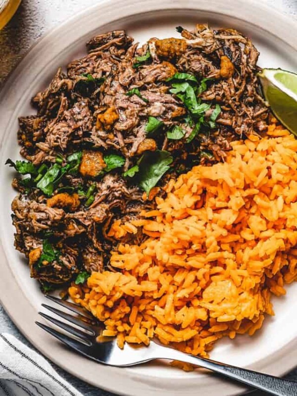 shredded pork with lime and garlic next to spanish rice.