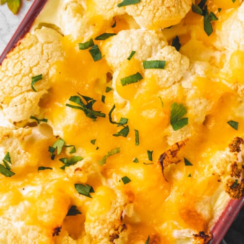 overhead close up shot of a red baking dish with a loaded cheesy cauliflower casserole in creamy sauce.